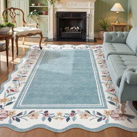 Lahome Floral Blue 8x10 Rugs for Living Room，Washable Boho Area Rug Non Slip Vintage Low Pile Scalloped Large Rug for Bedroom, Farmhouse, Dining Room, Kids Playroom