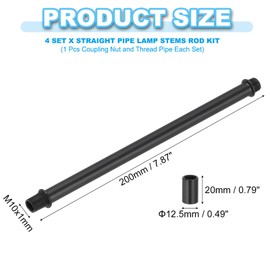PATIKIL Straight Pipe Lamp Stems Rod Kit, 4Set M10 Carbon Steel 200mm(7.87") Long Double End Thread Rod with Coupling Nuts Sleeve Connector for Table Lamps Chandeliers, Black