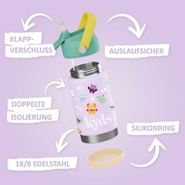 kyds® Children's Water Bottle, Thermal Stainless Steel Water Bottle, Leak-Proof, with Straw, Hygienic Flip Lid, BPA-Free, Dishwasher Safe Lid, Drinking Bottle for