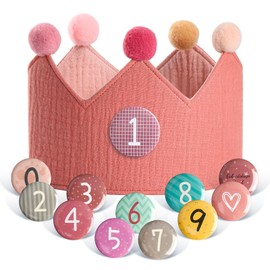 Birthday Crown Boys & Girls, Cotton Birthday Crown, Buttons with Numbers from 0-9, Reusable Birthday Crown Children, Party Decoration for Children's Birthday, Children's Party Hats (Pink Colour)