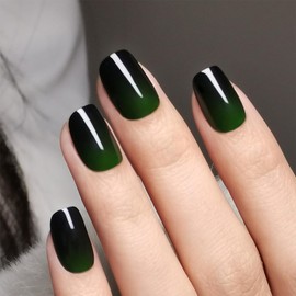 Generic 32 Pcs Black Green Gradient Mirror Ombre Acrylic Nails Short Square Press On Nails Set (16 Sizes, 1 Mini Nail File, 1 Small Wooden Stick, 1 Adhesive Tab Glue) for Women DIY Nail Art