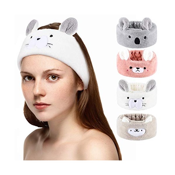 Chuangdi 4 Pieces Makeup Spa Headband Animal Headband for Washing Face Coral Fleece Cosmetic Headband Plush Animal Ears Shower Hairband for Women Girls (Adorable Style)