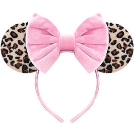 Bmobuo Leopard Print Mouse Ears Headband for Women, Pink Fuzzy Bows Park Ears, Cute Hair Band