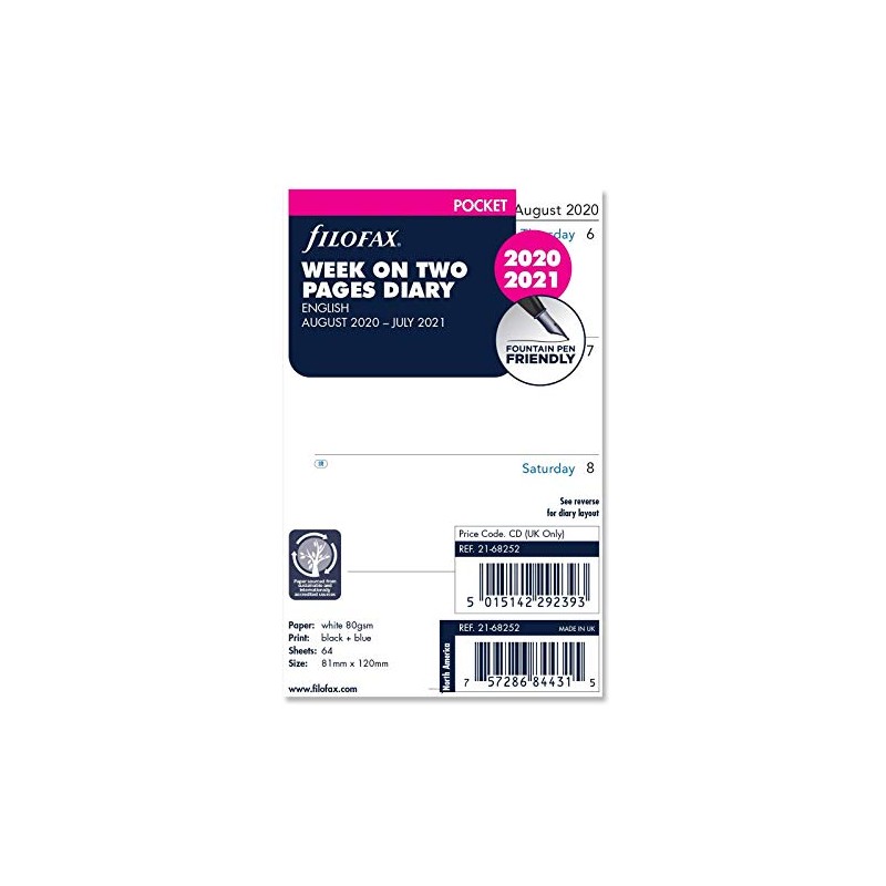 Filofax Pocket Week on Two Pages English mid Year Diary