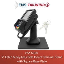 ENS Tailwind Pax S300 7" Latch and Key Lock Flexipole Plus Pole Mount PIN Pad Stand with Square Freestanding Mobility Base Plate, Black