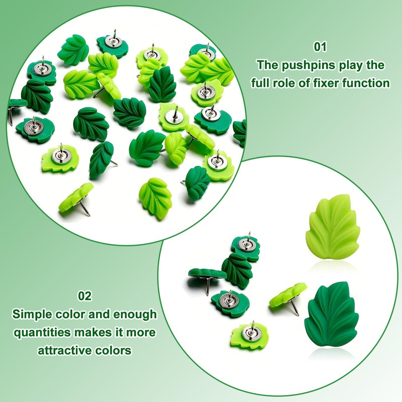 Leaves Push Pins, 50 Pcs Green Leaf Thumb Tacks Decorative