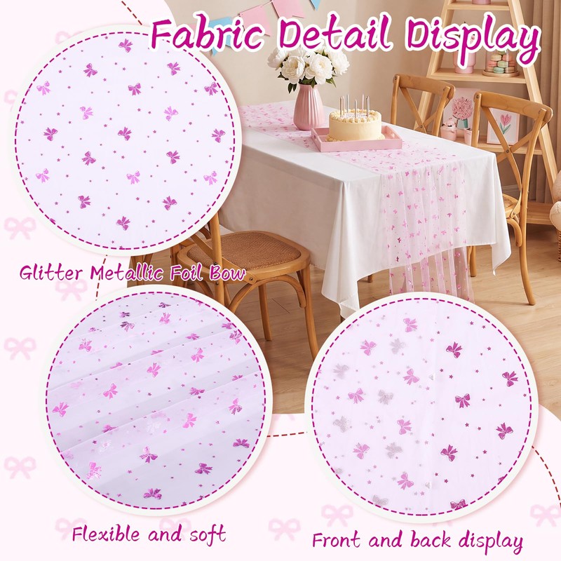 Pink Bow Tulle Table Runner Glitter Metallic Foil Fabric 29