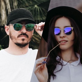 Joopin Classic Half-Frame Sunglasses Men's Polarised and Retro Sunglasses Women's Vintage Sunglasses Unisex UV400 Pack of 2, Purple mirrored and blue mirrored