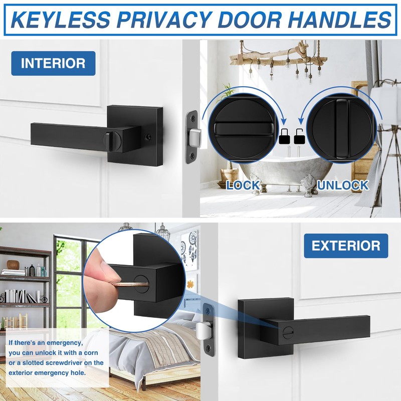 Plustool 8 Pack Matte Black Door Handles, Keyless Interior Door