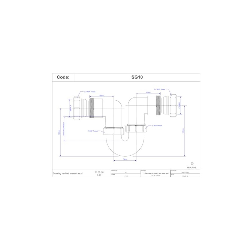 Mcalpine 2 50mm Running 'P' Tubular Trap 75mm Seal SG10