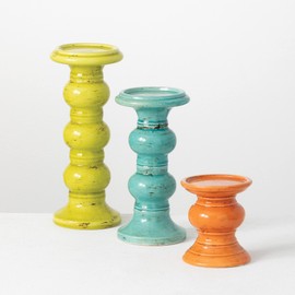 Sullivans Pillar Candle Holder Multi Color Set of Three (3), Orange, Teal, Yellow 5" H, 10" H & 12" H