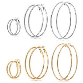 Senteria Large Gold Hoop Earrings for Women Girls 6 Pairs 316L Stainless Steel Hoop Earrings Set Thin Gold Hoop Earrings Lightweight Hypoallergenic(30MM 40MM 50MM)