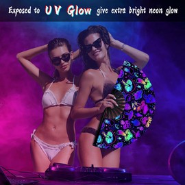 Zolee UV Glow Rave Folding Hand Fan with Bamboo Ribs for Men/Women - Large Clack Festival Fan - for EDM, Dance Music Festival Party, Performance, Decorations, Gift (Purple Mushroom)