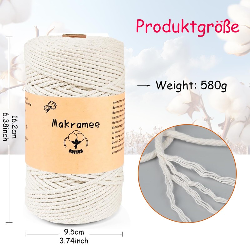 Uvolo 3 mm x 200 m Macrame Yarn, Cotton Yarn,