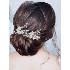 Heread Flower Bride Wedding Hair Pins Silver Leaf Bridal Head Piece Rhinetsones Hair Accessories for Women and Girls (Pack of 2)