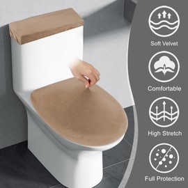 Stretch Velvet Toilet Lid Cover and Toilet Tank Lid Cover, Bathroom Super Soft Toilet Lid Cover Set Luxury Velvet Plush, with Elastic Bottom, Machine Wash, Camel