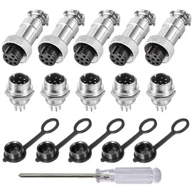 Aiqeer Pack of 5 7-Pin GX12 Aviation Plug, 12mm Thread Metal Aviation Cable Connector, 5A Male Female Aviation Plug Socket Kit, with Rubber Cap