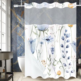 Shower Curtain and Liner Set, No Hooks Shower Curtain with Snap in Fabric Liner, Watercolor Floral Cloth Shower Curtain with Liner for Bathroom, Waterproof & Washable (Blue Blossom, 71W X 74H Inches)