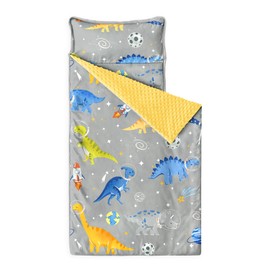 Wake In Cloud - Toddler Nap Mat with Pillow and Minky Fleece Blanket, for Kids Boys in Daycare Preschool Kindergarten, Roll Up Sleeping Bag, Dinosaur Astronauts Rocket Space, Gray, Standard