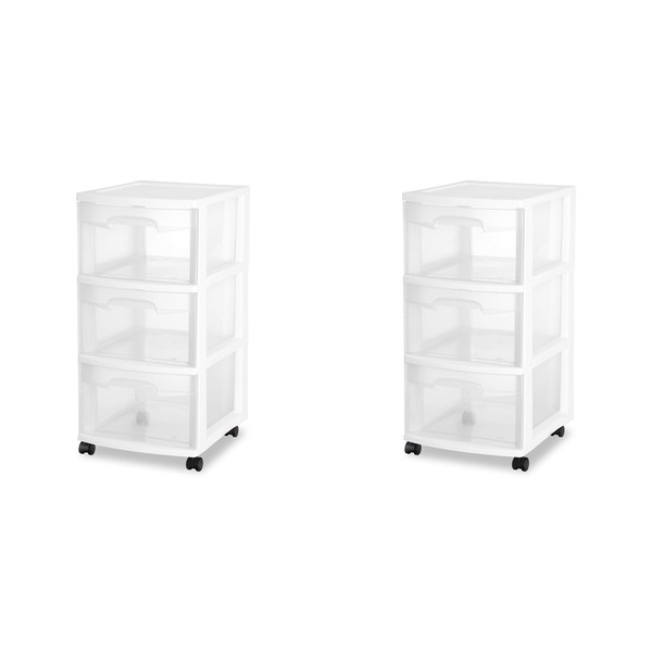 Sterilite 3 Drawer Storage Cart, Plastic Rolling Cart with Wheels to Organize Clothes in Bedroom, Closet, White with Clear Drawers, 2-Pack