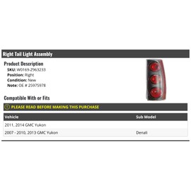 Right Passenger Side Tail Light Assembly - Compatible with 2007-2011, 2013-2014 GMC Yukon and Denali