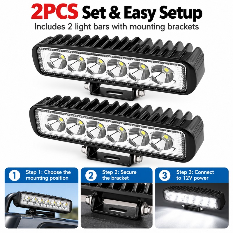 18W LED Work Lights for Road Lighting – 2-Piece 12V