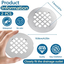 2 Pack 4-1/4 Inch OD Shower Drain Cover, 18/8 Stainless Steel Snap-in Round Shower Drain Strainer, Bathroom Shower Drain Hair Catcher Replacement Floor Drain Cover