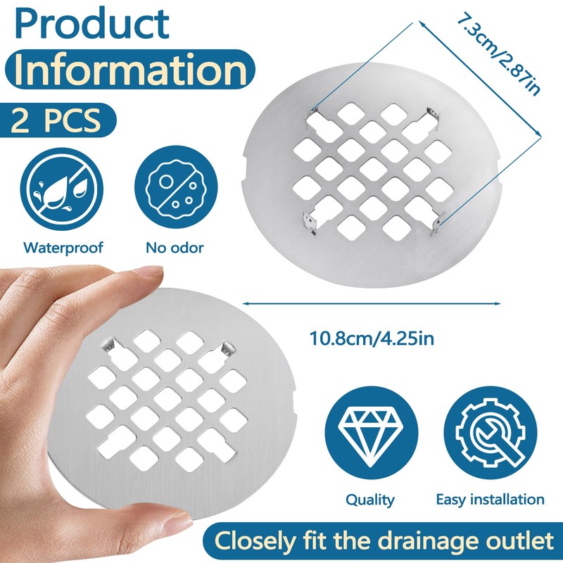 2 Pack 4-1/4 Inch OD Shower Drain Cover, 18/8 Stainless
