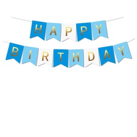 Happy Birthday banner - in deep blue, light blue and white with gold foil