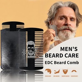 Peine de metal para barba y bigote para hombre, antiestático, doble acción, tamaño de tarjeta de crédito, peine EDC de acero inoxidable, bolsillo para