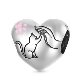GNOCE Women's Charm Bead Animal Lover Heart 925 Sterling Silver Love Cat Pendant with Cubic Zirconia Fit All Major Brands of Bracelet/Necklace, Silver