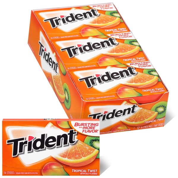 Trident Tropical Twist Sugar Free Gum, 12 Packs of 14 Pieces (168 Total Pieces)