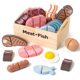 Kienvy 10 PCS Wooden Food Play Set, Wooden Pretend Play Food, Cutable Play Food, Realistic Protein Meat Play Food Play Set Kitchen Accessories for Age 3-6 Boys & Girls