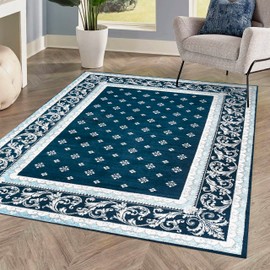 JONATHAN Y MDP504C-4 Acanthus French Border Indoor Area-Rug Bohemian Vintage Easy-Cleaning Bedroom Kitchen Living Room Non Shedding, 4 X 6, Navy/Blue