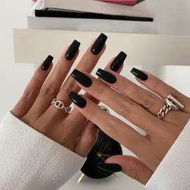 KQueenest Press On Nails Long Almond Square Coffin Nails for Sticking, Black, Shiny Jelly Gel Fake Nails Fingernails for Sticking Ballerina, Plain Acrylic False Nails for Women, Pack of 24