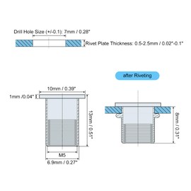 sourcing map M5 Rivet Nuts, 50pcs Zinc Plated Carbon Steel Knurled Flat Head Threaded Insert Nuts for Metal, Plastic