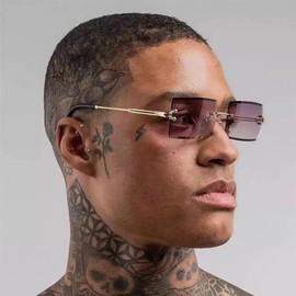 Ggpyyon Rectangular Rimless Sunglasses for Men and Women, Frameless Sunglasses, Retro Transparent Lens for Women, Men, UV400 Protection, Gold/Gradient Grey