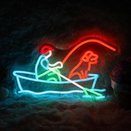 Fishing Neon Sign Fishing On Boat Neon Light Man And Dog Fishing Light Sign Dimmable Fisherman LED Neon Light for Fishing Club Decor Living Room Man Cave Game Room 16.9"×9.8"