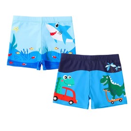 PythJooh 2Pack Little Boys Swimming Trunks Kids Cartoon Shark Dinosaur Summer Beach Pool Swimming Shorts Swimwear for 1-9Years