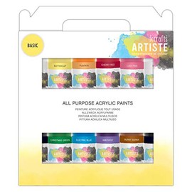 Artiste Acrylic Paint Set Pack of 12 x 59ml 2oz - Basic Colours, Quick-Drying Professional Art and Hobby Craft Artists Paint, Water-Based Paints Cover All Surfaces with Ease, Ideal for Travel Artists