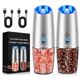 Sweet Alice Rechargeable Electric Pepper and Salt Grinder Set, No Battery Needed, whit Gravity Sensing Switch and LED Light, One Hand Automatic Operation, Sliver 2 Pack