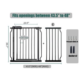 43.5-48 Inch Extra Wide Baby & Dog Gate, Pressure Mounted No Drill, Indoor Safety Gate for Pets & Toddlers, Black Metal with Extension Kit