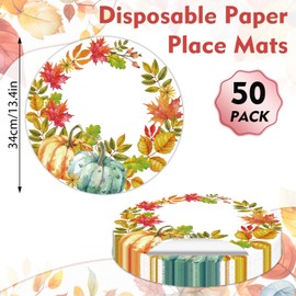 Fall Placemats Pumpkin Leaves Paper Placemats Disposable 50 Pack Thanksgiving Placemats Autumn Harvest Decorative Place Mats 13.7 Inch Round Table Mats for Farmhouse Home Party Dining Table Decor