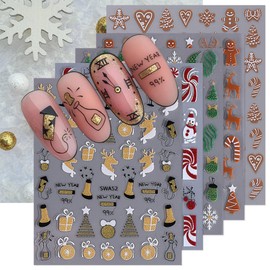 Glitter Christmas Nail Art Stickers Gingerbread Man Nail Decals Winter Xmas Nail Stickers for Nail Art,5Pcs Snowflake Reindeer Bell Nail Art Design Christmas Nail Supplies for Women Nail Decoration