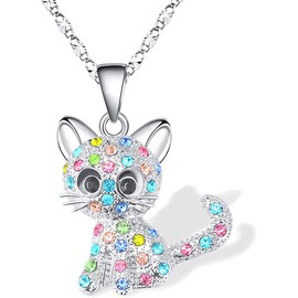 COLORFUL BLING Kitty Cat Pendant Necklace Jewelry Cat Lover Gifts for Women-Colorful
