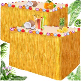 9 FT Luau Grass Table Skirts, 2 Pack Hawaiian Luau Grass Skirts Natural Table Skirt for Luau Party Hawaiian Party Birthday Tropical Beach Party Decorations Supplies, 9 FT x 2.5 FT