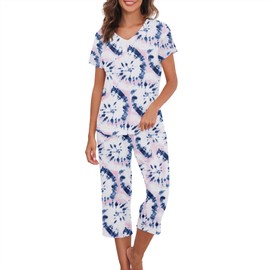 American Trends Pajama Sets for Women Cotton Sleepwear Short Sleeve Top with Pants Soft Loungwear Ladies 2 Pieces PJ Set Indigo Pink L