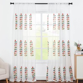 VOGOL Sheer Curtains 96 Inches Long, Colorful Leaves Embroidered Semi Sheer Rod Pocket Drapes for Living Room/Bedroom, 52 X 96, 2 Pieces