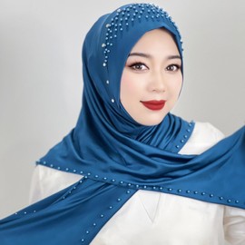 Muslim Hijab Solid Color Beaded Arab Hijab Long Hijab Women Hijab Beaded Soft and Easy to Wear Hijab Turkish Head Wrap Scarf Women's Ready to Wear Instant Hijab with Under Scarf Royal Blue One Size