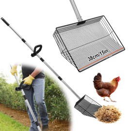 GHWMYD 15-inch Large Chicken Poop Scooper with Adjustable Ergonomic Labor-Saving Handle(24in to 57in), Multifunctional Metal Litter Sifting Scoop Shovel for Cleaning Chicken Coop, Goat Stall, Stable